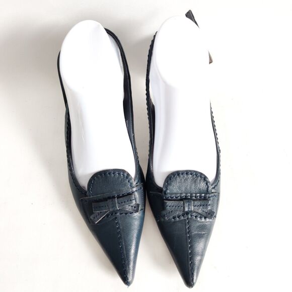 Vintage Y2K 90s Karen Scott Navy Blue Leather Slingback Pointy Toe Kitten Heel 9 - Picture 5 of 10